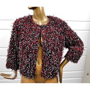St John Collection Black Red White Eyelash‎ Fringe Jacket sz 12